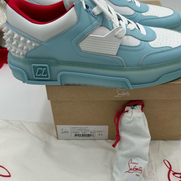 Christian Louboutin Mens Astroloubi leather trim Light Blue and White Sneakers. - Picture 2 of 8
